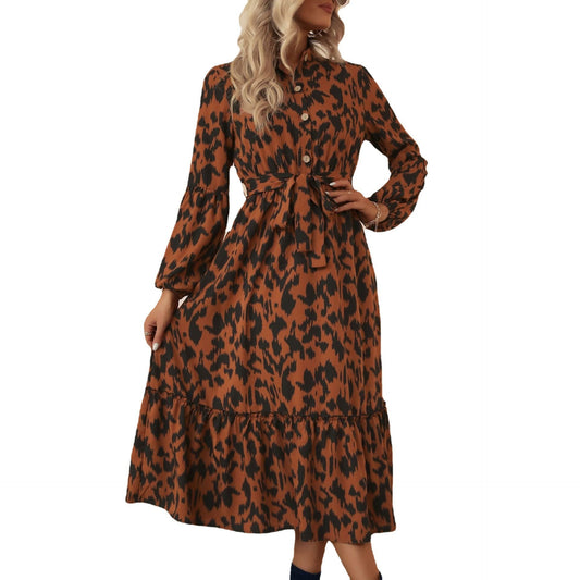 Mid length long sleeved half high neck leopard print dress