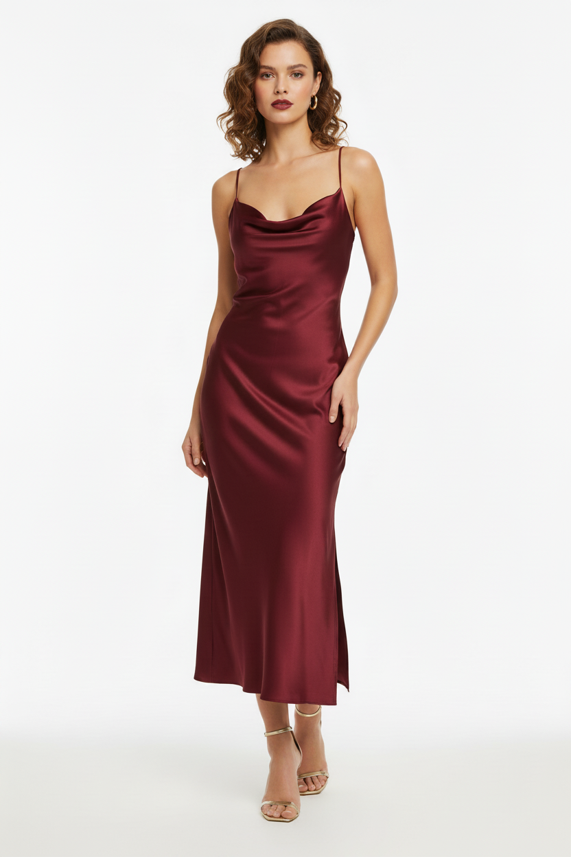 Satin Cowl Neck Slip Midi Dress – Burgundy Spaghetti Strap Evening Dress