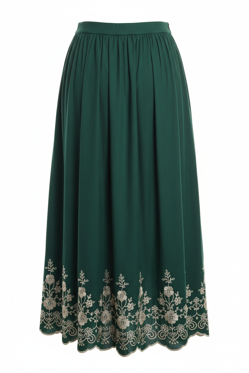 Forest green embroidered midi skirt - back view on mannequin